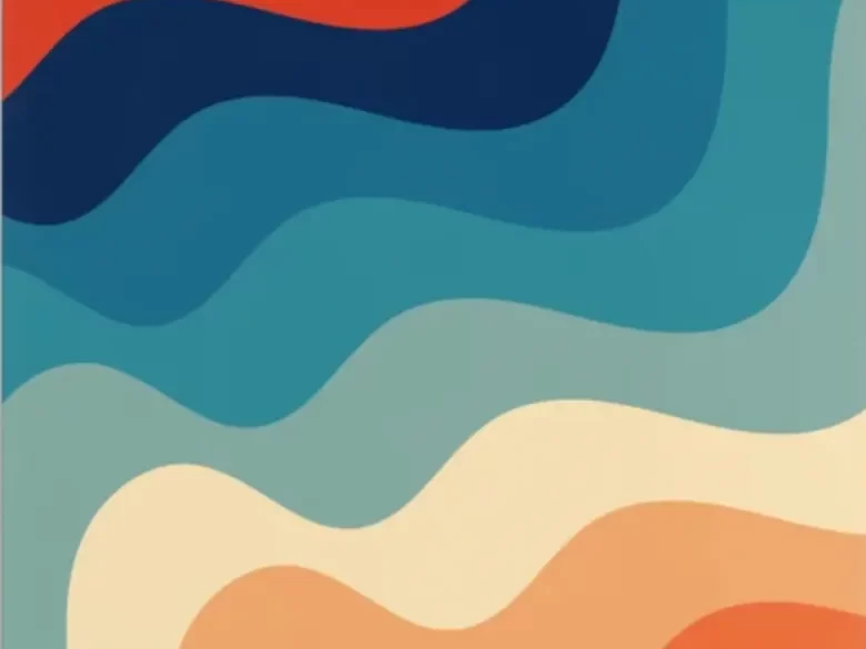 Abstract vector graphic with waves in blue, orange and red, flat design, simple shapes, colorful, 70s style, retro art